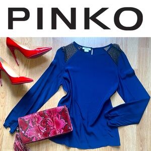 Pinko Milan navy silk blend blouse with mesh polka dot shoulder detail
